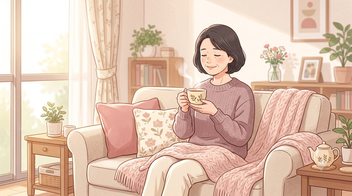 介護に疲れた家族がお茶を飲みながらほっと一息つく様子