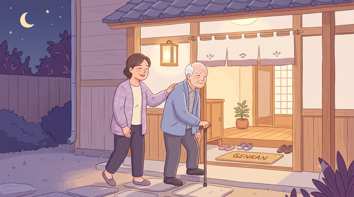 夜の玄関先で家族が高齢の親にやさしく寄り添い家の中へ導く様子