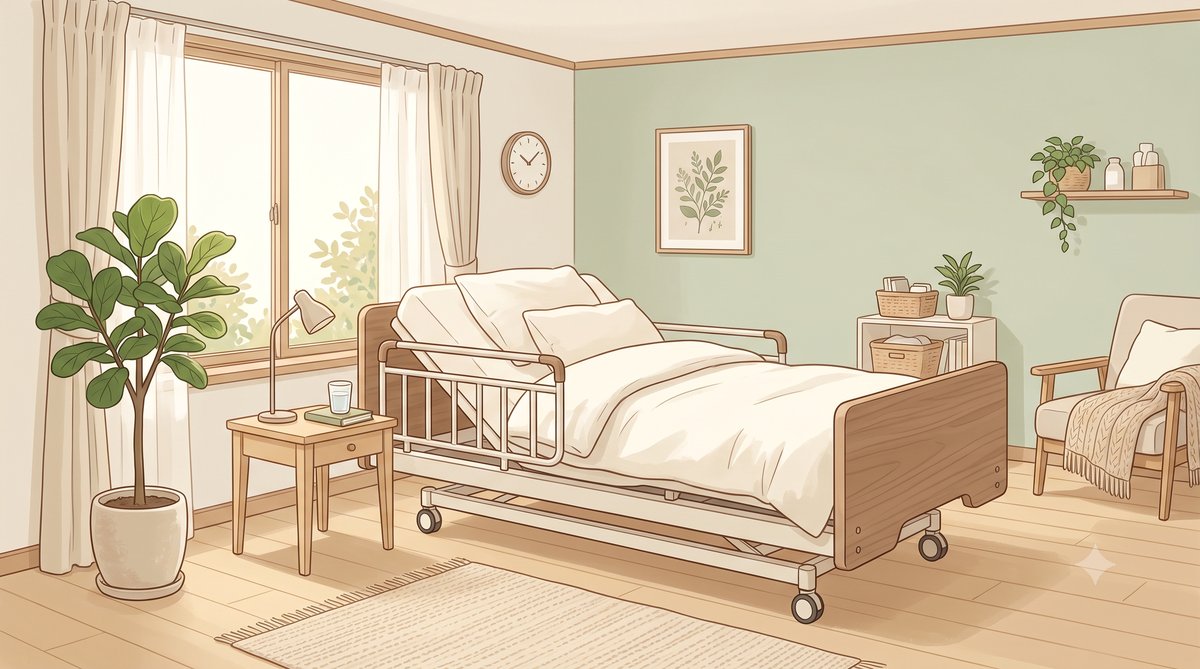 明るく清潔な部屋に置かれたサイドレール付きの介護ベッド