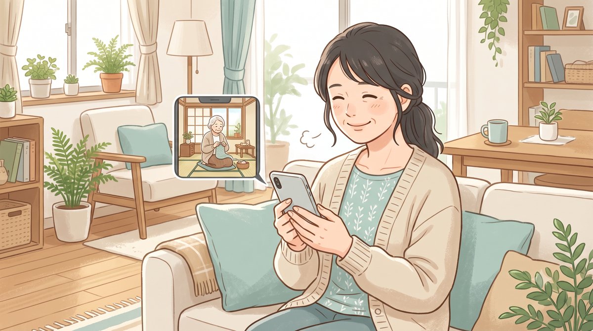 離れて暮らす家族がスマホの見守りカメラで実家の親の様子を確認して安心する様子