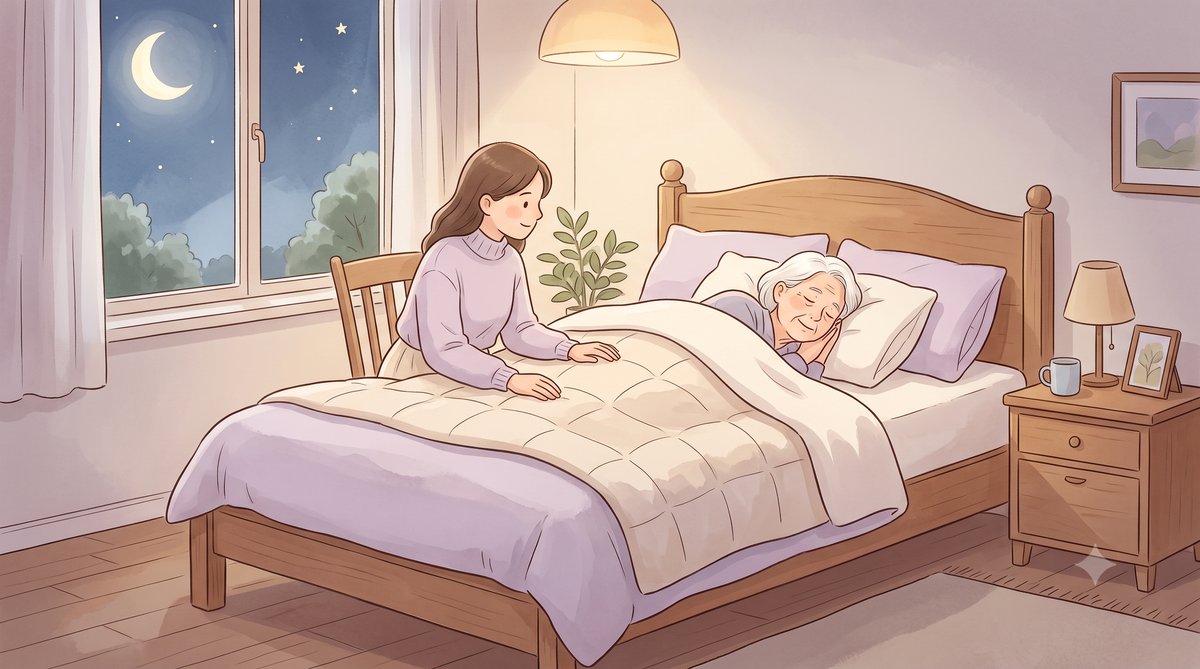 夜の寝室で穏やかに眠る高齢の親を家族がそっと見守る様子